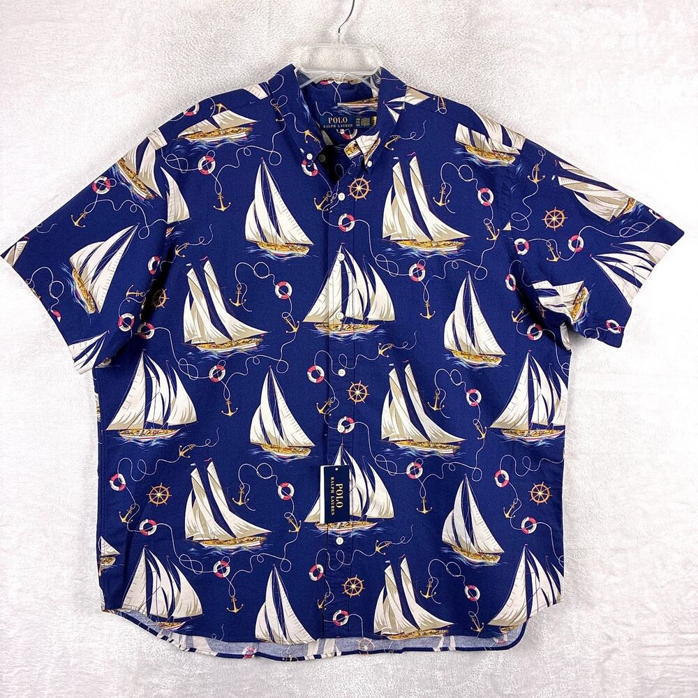 Polo Ralph Lauren Shirt Mens 2XB Blue Sailboat AOP Preppy Nautical Yachting NWT